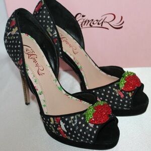 CECE L'AMOUR Black Multi Crystal Strawberry Peep Toe Platform